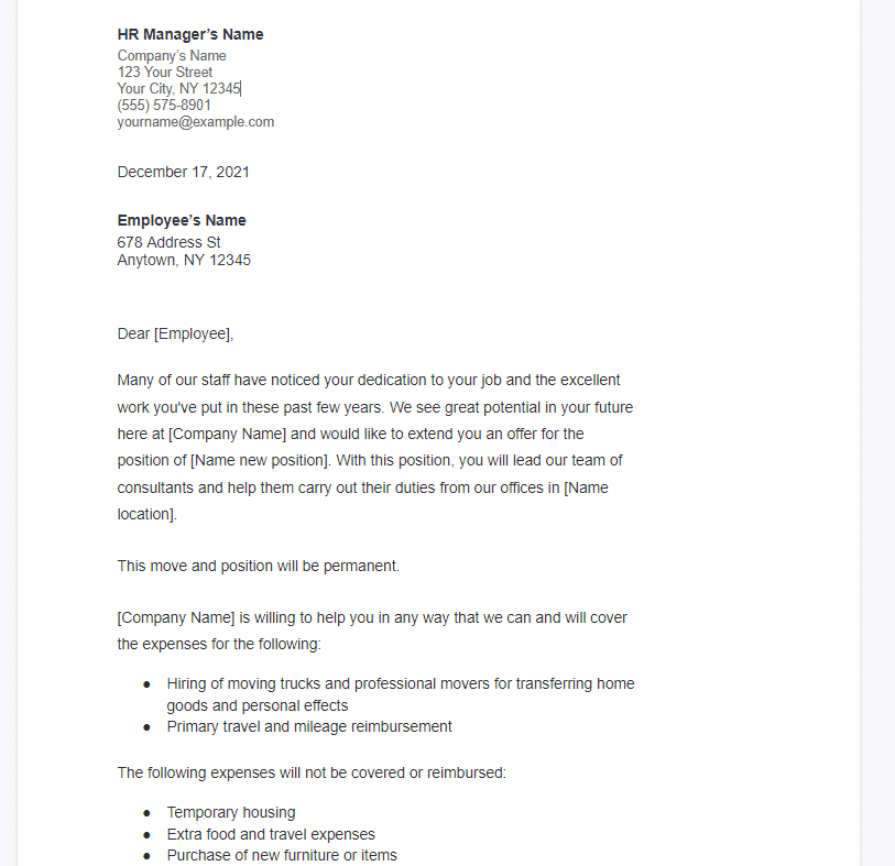 Relocation Cover Letter Template Free