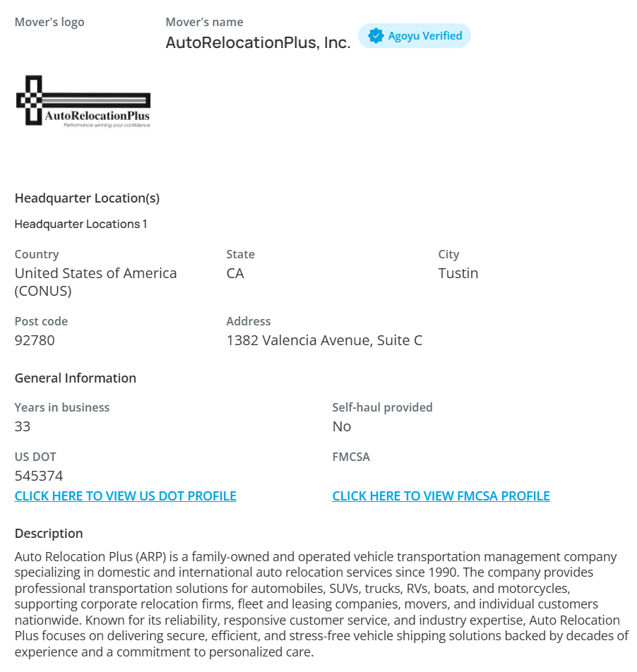 Agoyu profile for AutoRelocationPlus, a verified auto transport company in Tustin, CA with 33 years in business